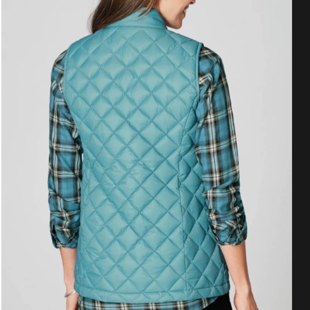 J. Jill Quilted Teal Blue Sleeveless Puffer Vest Lightweight Down Size Medium - Picture 2 of 6